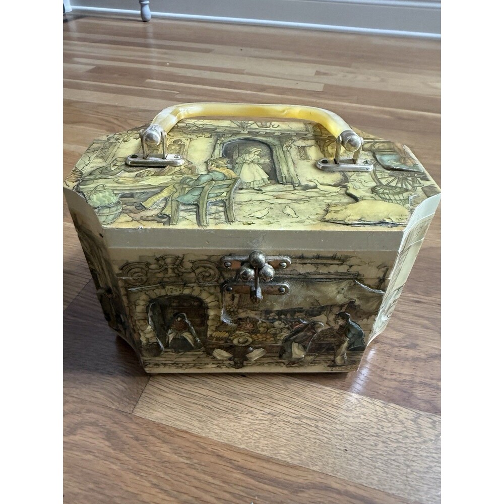 Vintage Anton Pieck 3D Decoupaged Wood Box Purse With Lucite Handle